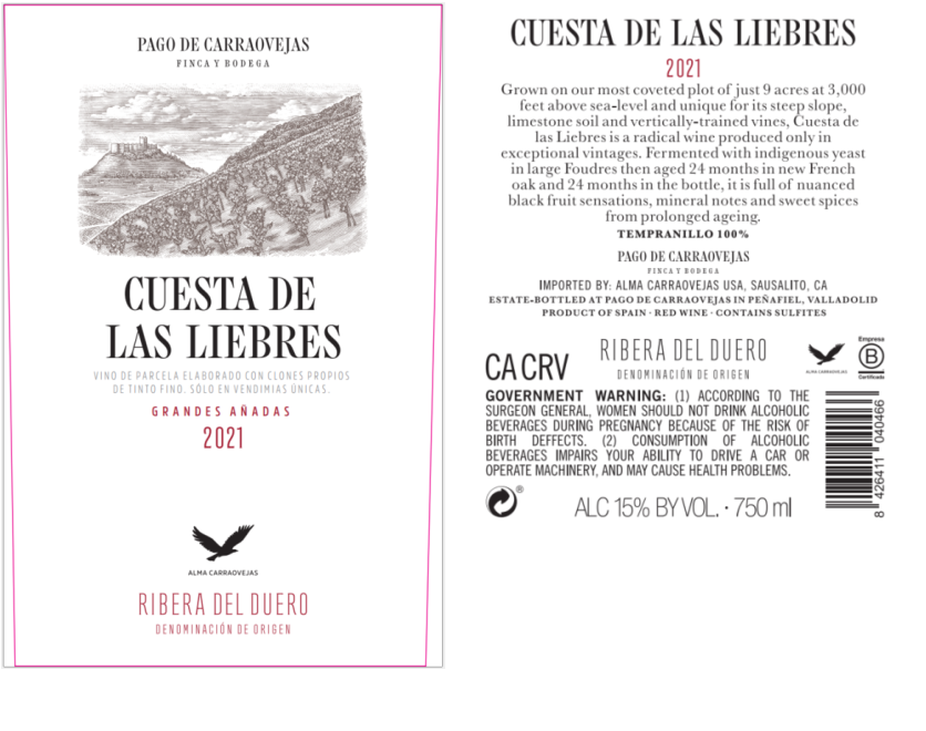 TABC label artwork for Pago de Carraovejas Cuesta de Las Liebres Tempranillo Ribera Del Duero