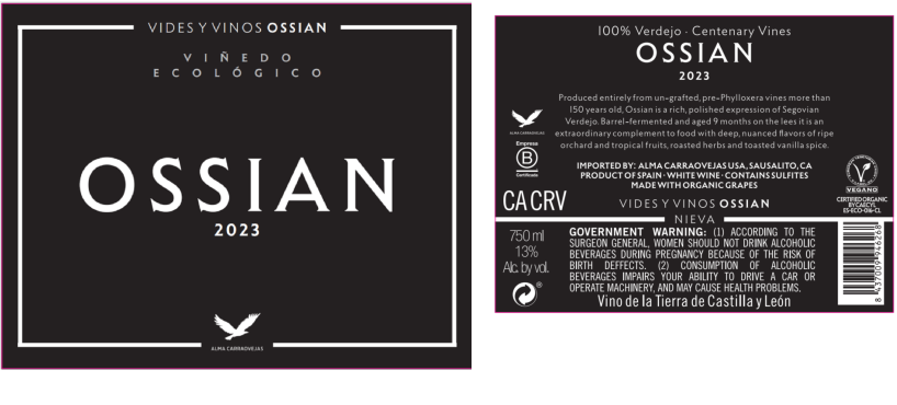 TABC label artwork for Ossian Verdejo Vino de la Tierra de Castilla Y Leon Ecologico MWO