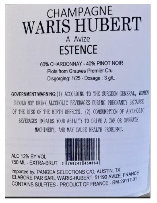 TABC label artwork for ESTENCE - WARIS HUBERT
