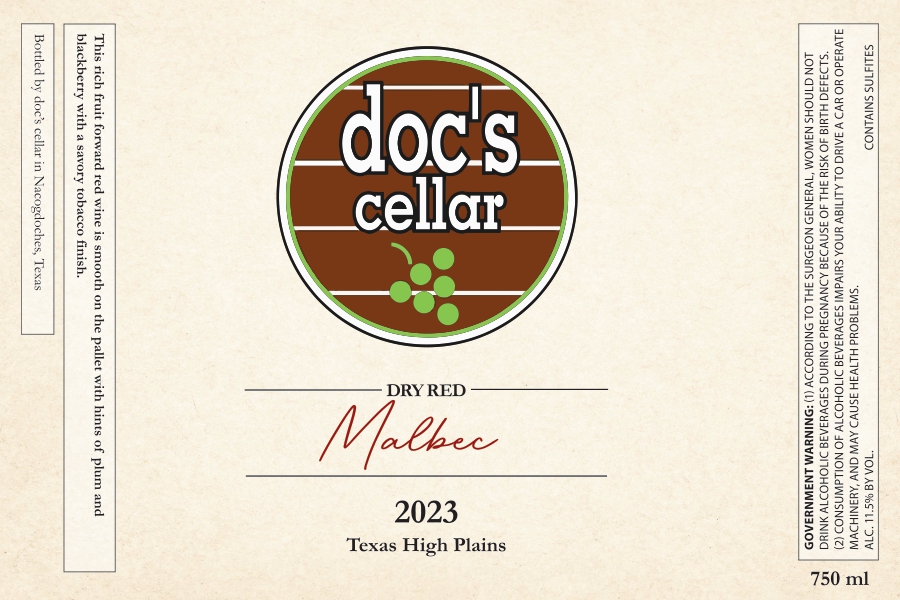 TABC label artwork for DOC'S CELLAR MALBEC