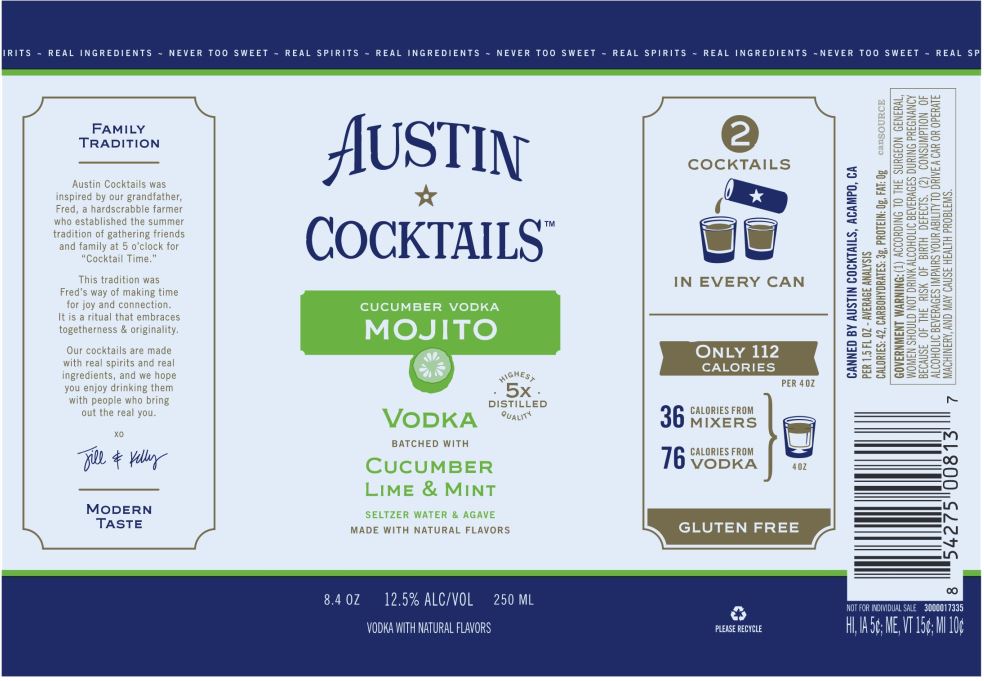 TABC label artwork for Austin Cocktails Cucumber Vodka Mojito
