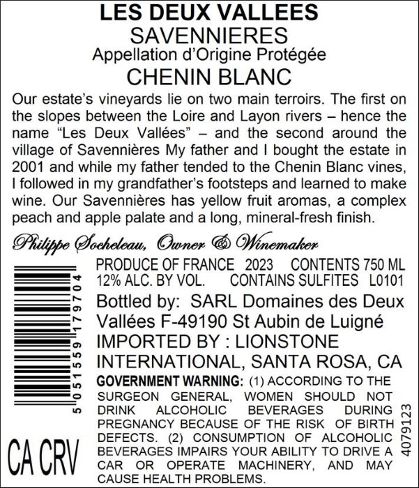 TABC label artwork for Les Deux Vallees Savennieres Chenin Blanc, France