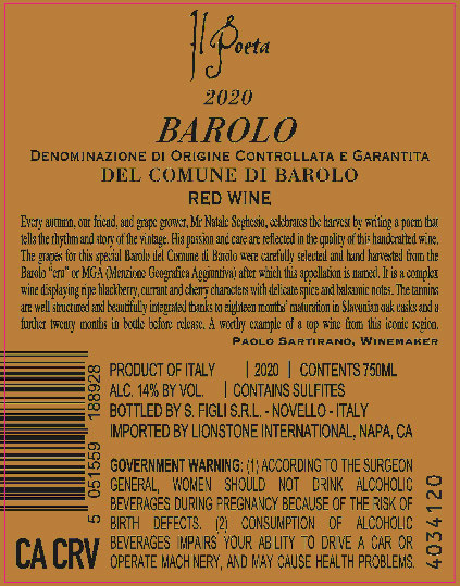 TABC label artwork for Il Poeta Del Comune Di Barolo Red Wine