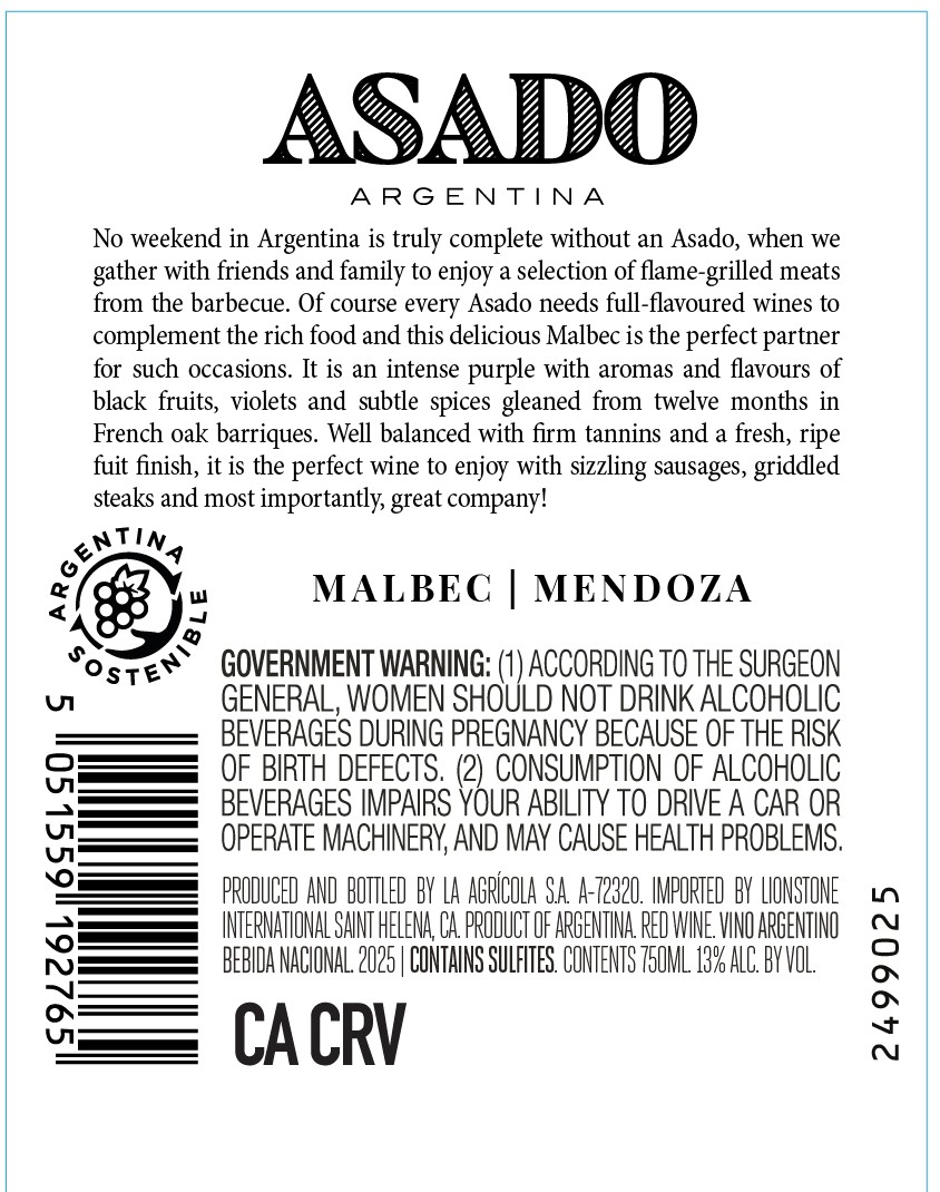 TABC label artwork for Asado Mendoza Malbec, Argentina