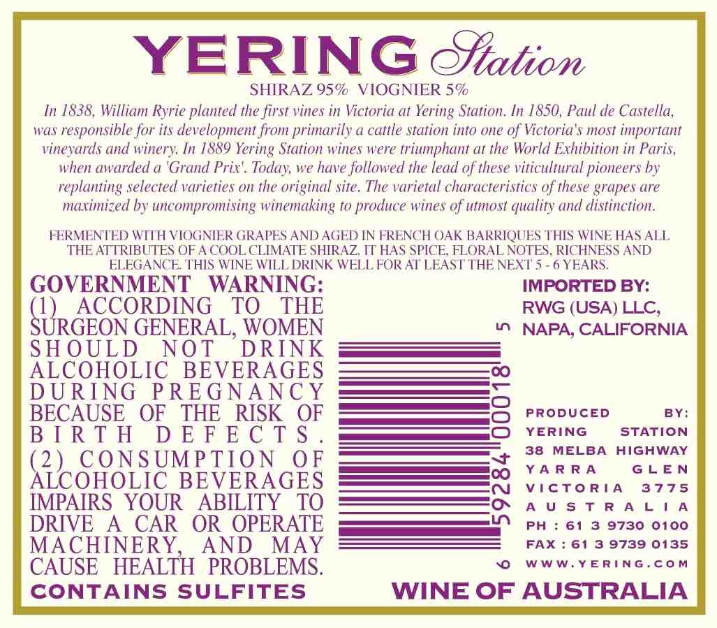 TABC label artwork for Yering Station Shiraz/Viognier Yarra Valley