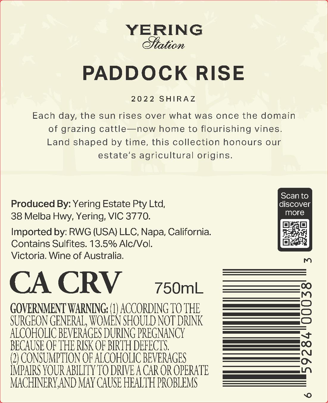 TABC label artwork for Yering Station Paddock Rise Shiraz Victoria