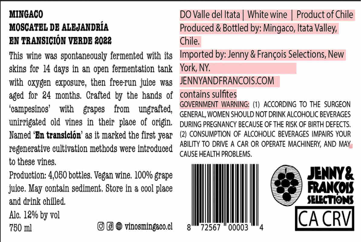 TABC label artwork for Mingaco Moscatel de Alejandria