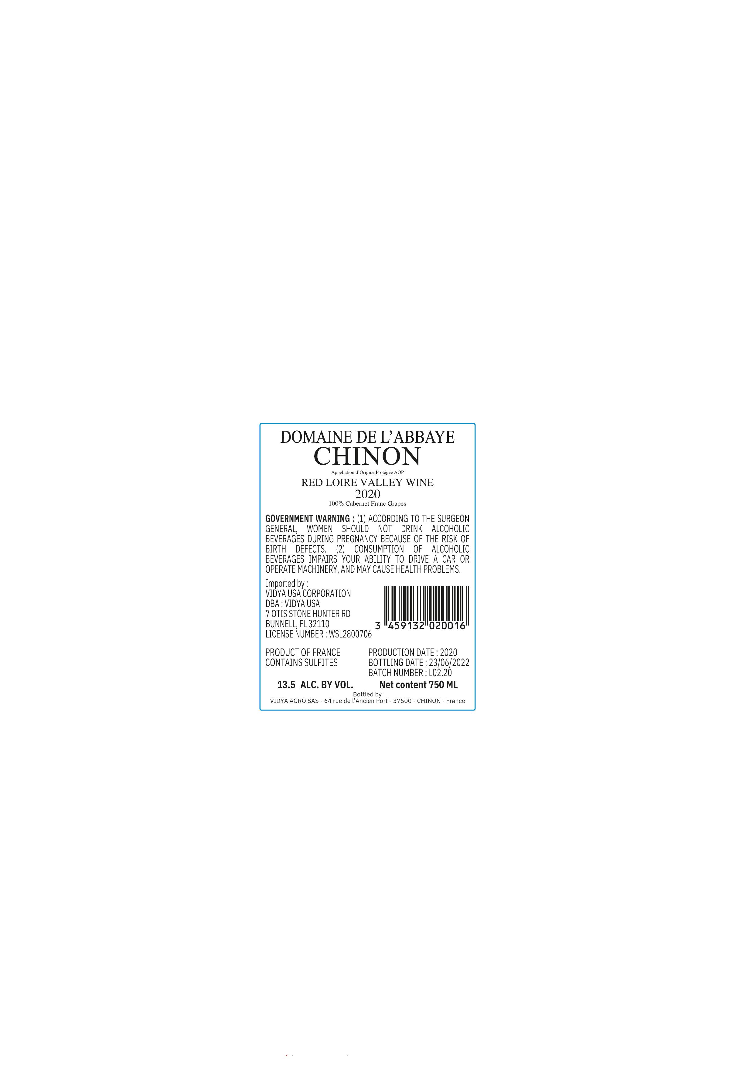 TABC label artwork for DOMAINE DE L'ABBAYE CHINON CABERNET FRANC