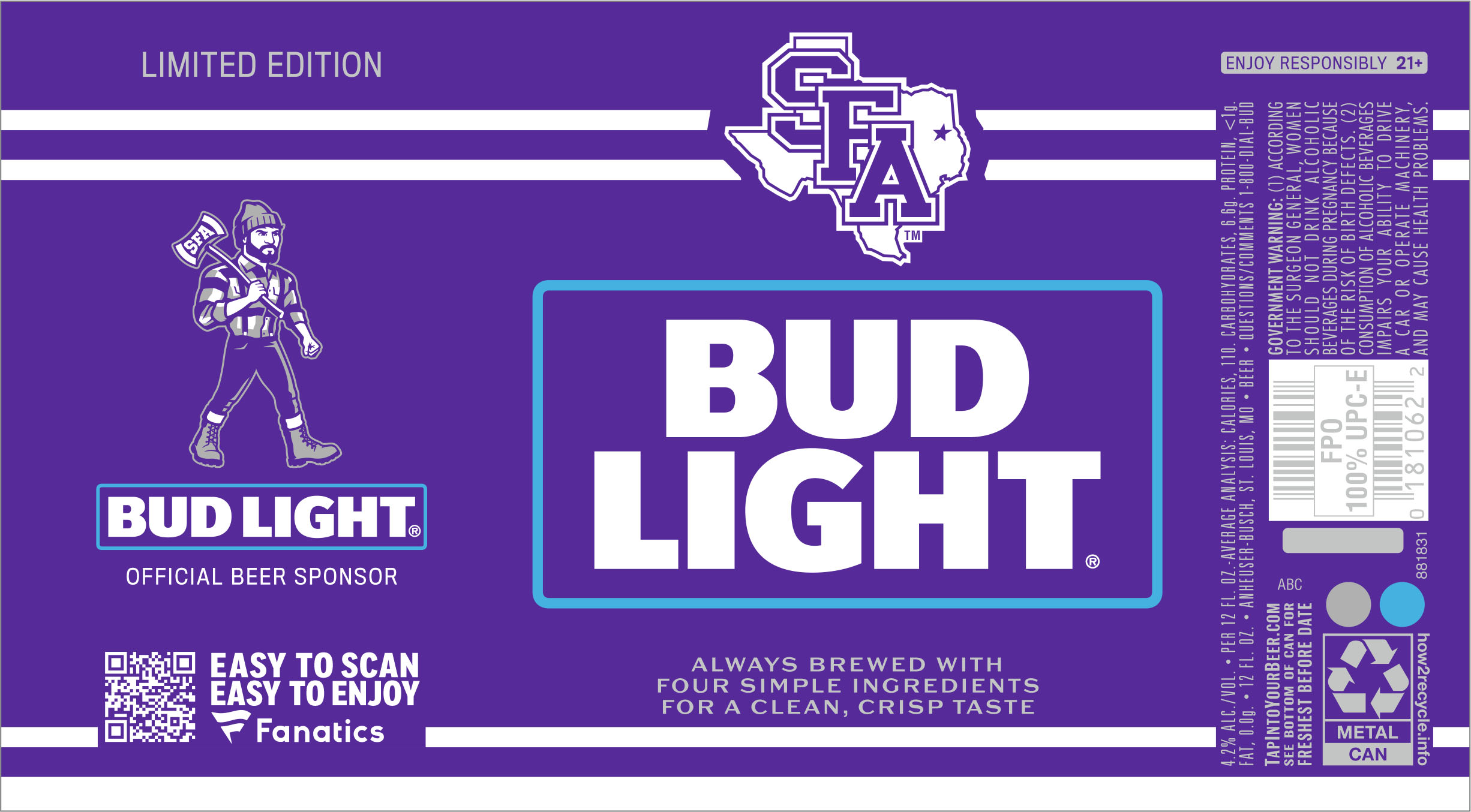 TABC label artwork for BUD LIGHT 2026 COLLEGE STEPHEN F. AUSTIN UNIVERSITY 12 OZ. CAN