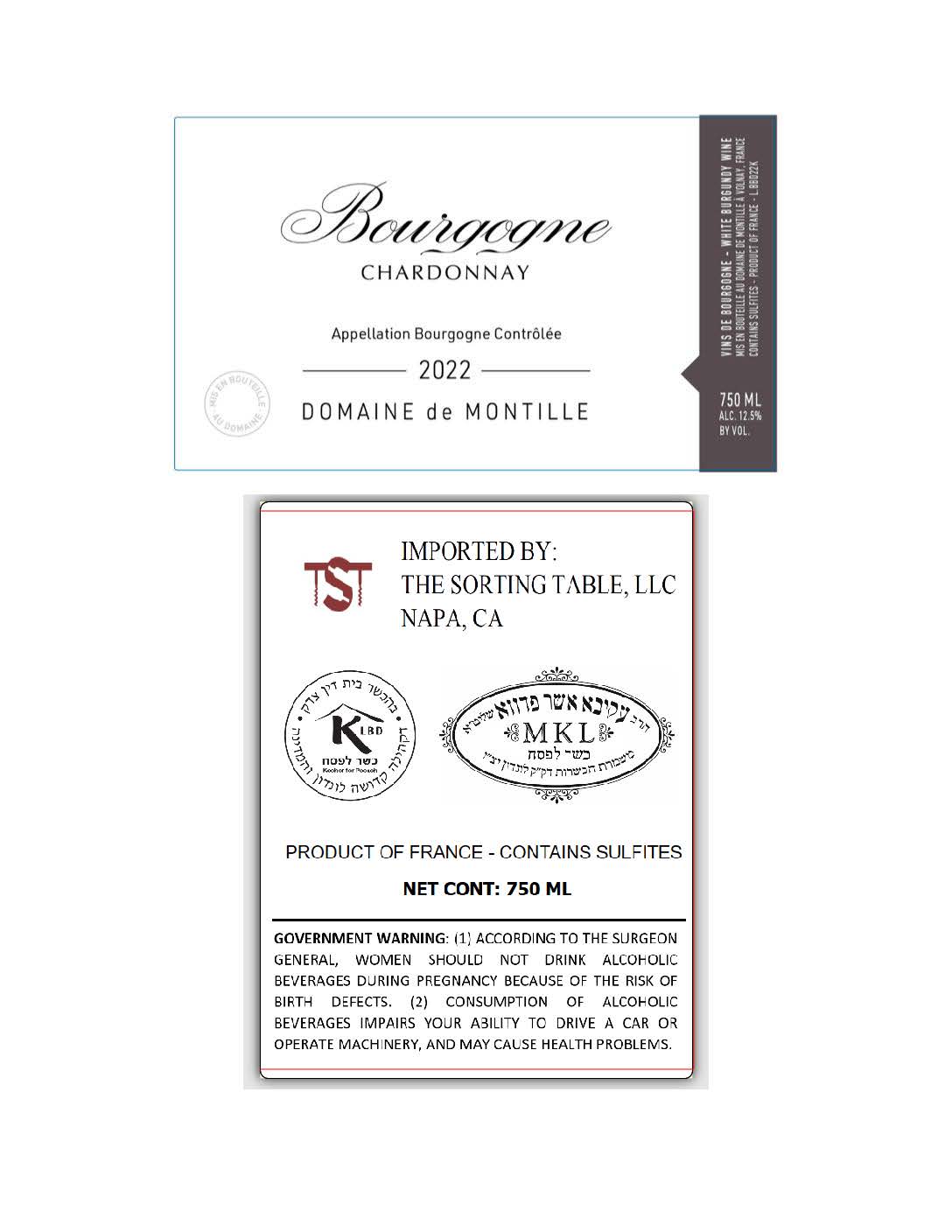TABC label artwork for Domaine de Montille Bourgogne Blanc Kosher