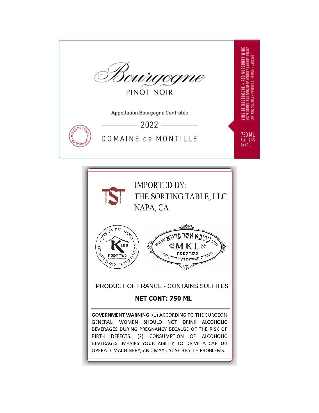 TABC label artwork for Domaine de Montille Bourgogne Rouge Kosher