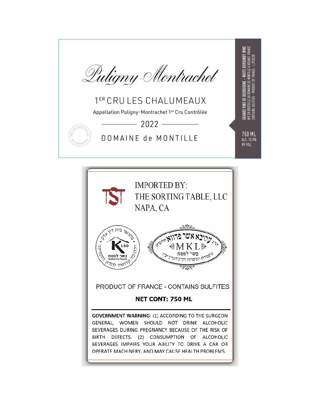 TABC label artwork for Domaine de Montille Puligny Montrachet 1er Cru les Chalumeaux Kosher