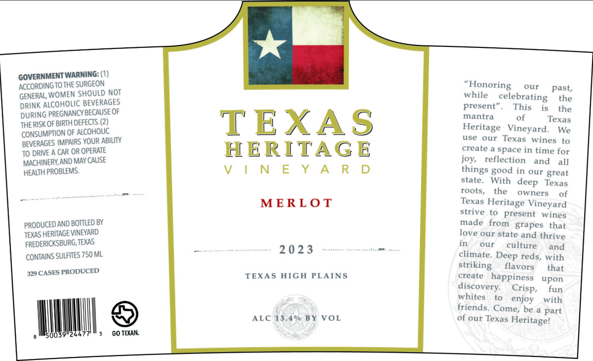TABC label artwork for TEXAS HERITAGE VINEYARD MERLOT 2023