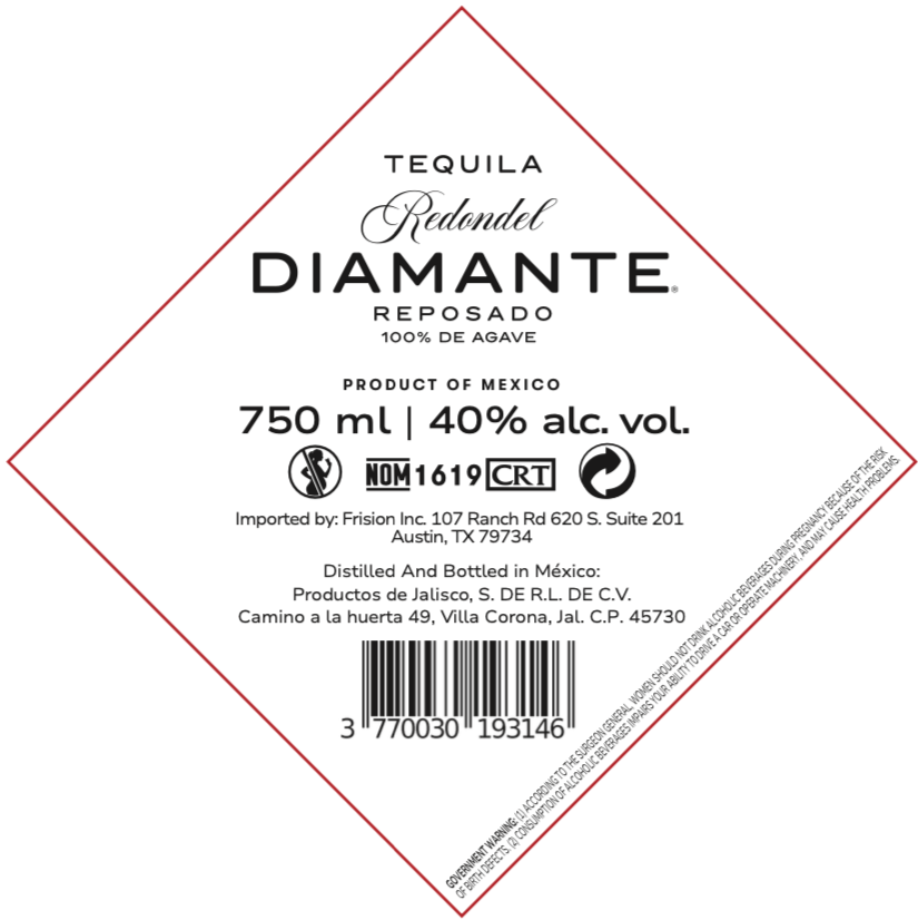 TABC label artwork for Tequila Redondel Diamante Reposado