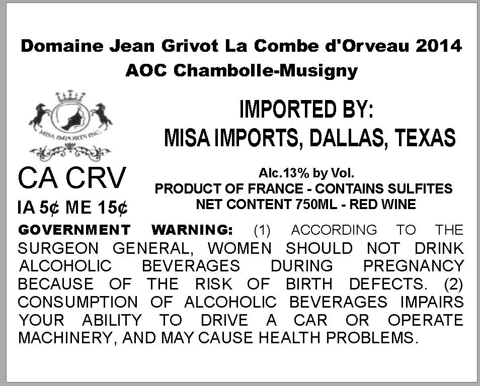 TABC label artwork for DOMAINE JEAN GRIVOT LA COMBE D'ORVEAU