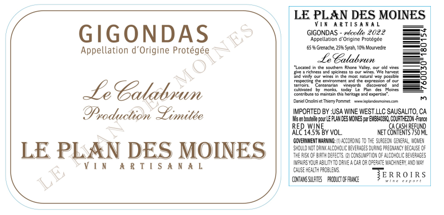 TABC label artwork for Le Plan des Moines Le Calabrun Grenache Syrah Mourvedre Gigondas