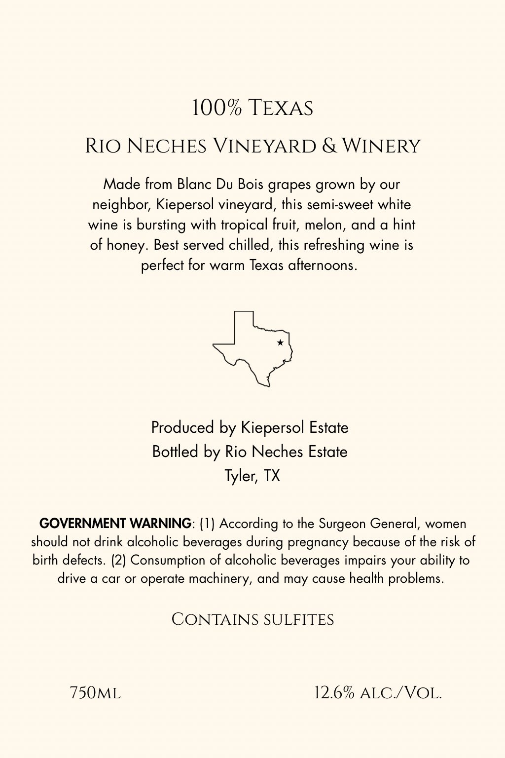 TABC label artwork for Rio Neches Estate Winery Blanc Du Bois
