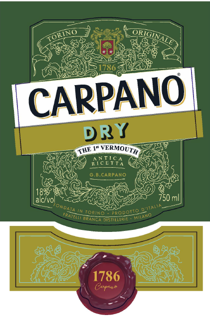 TABC label artwork for Carpano Dry Vermouth 1786