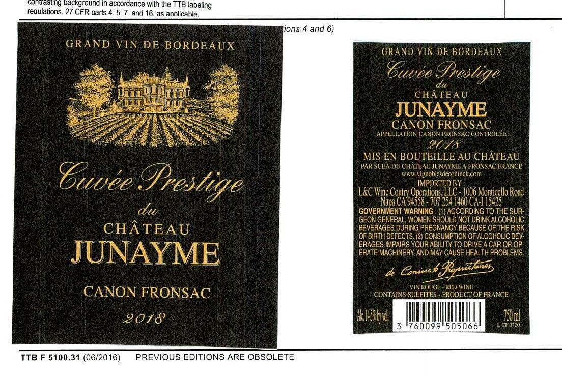 TABC label artwork for CHATEAU JUNAYME CUVEE PRESTIGE CANON FRONSAC RED WINE