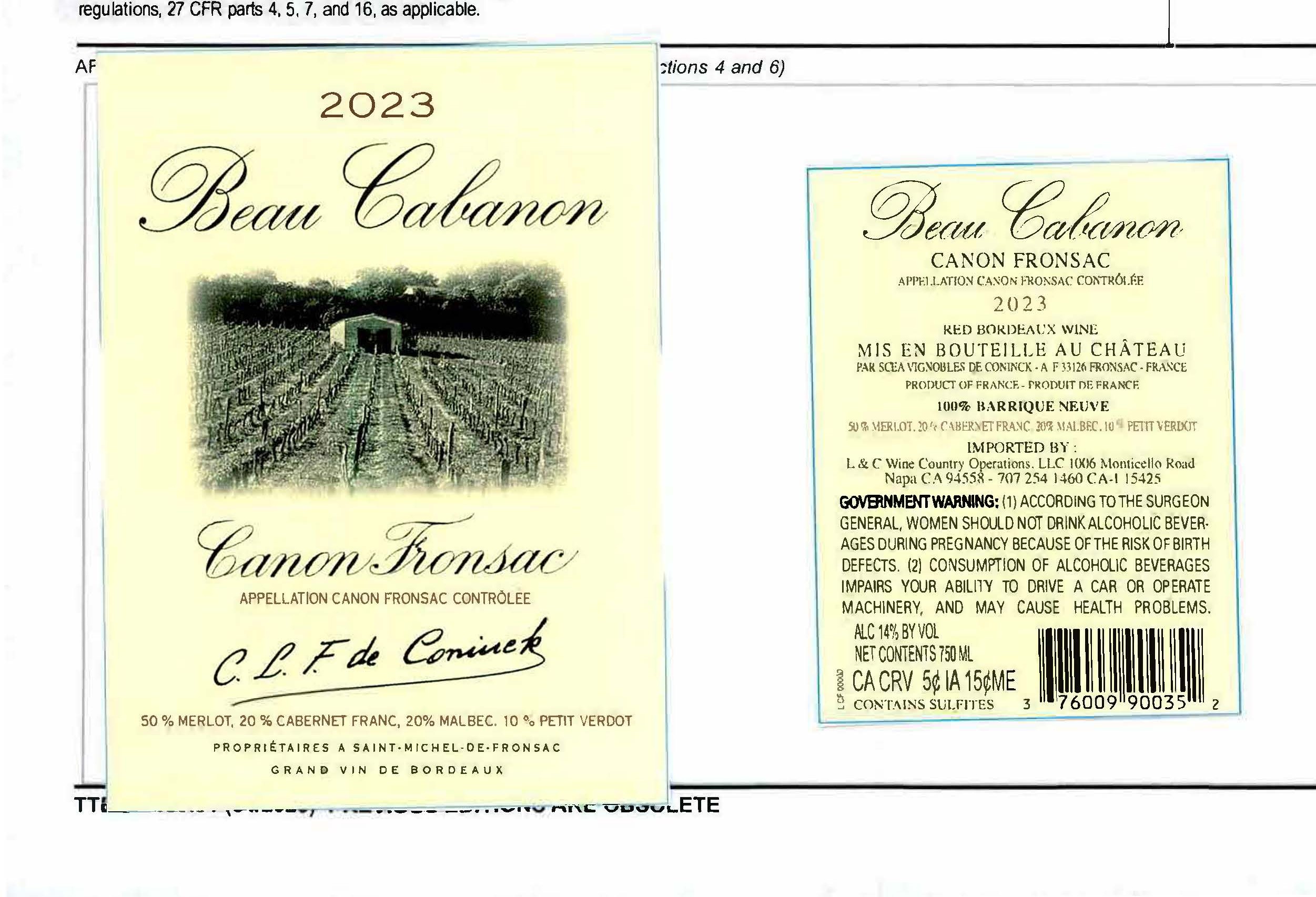 TABC label artwork for BEAU CABANON CANON FRONSAC RED WINE