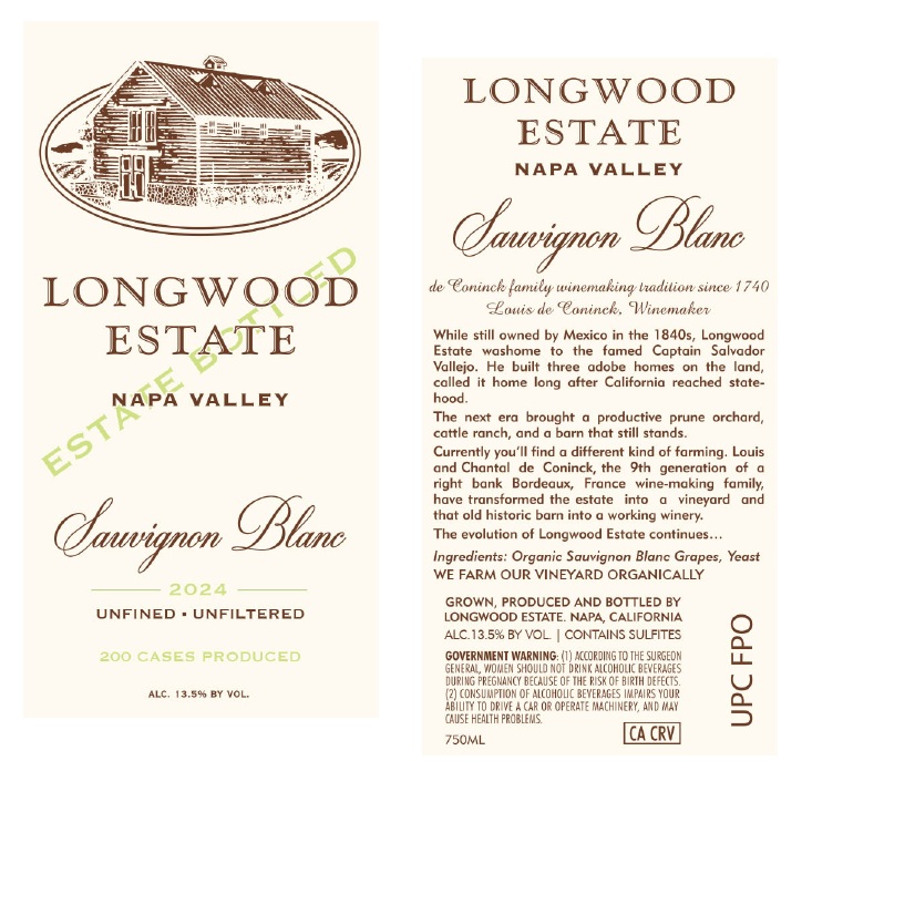 TABC label artwork for LONGWOOD ESTATE NAPA VALLEY SAUVIGNON BLANC (ESTATE BOTTLED)