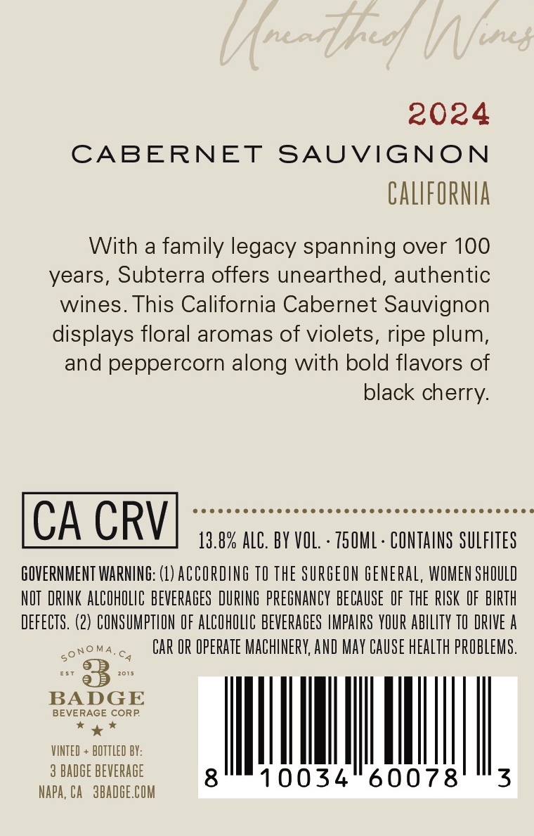 TABC label artwork for Subterra Cabernet Sauvignon