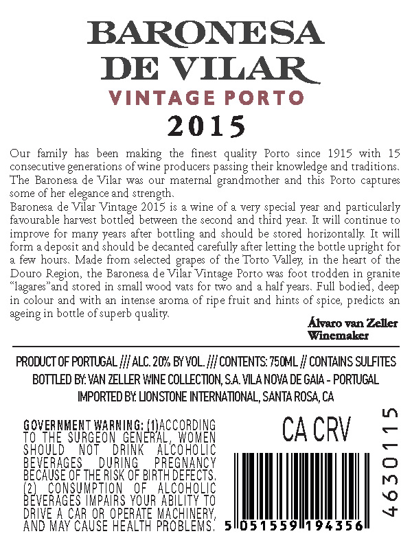 TABC label artwork for Baronesa de Vilar Vintage Porto, Portugal