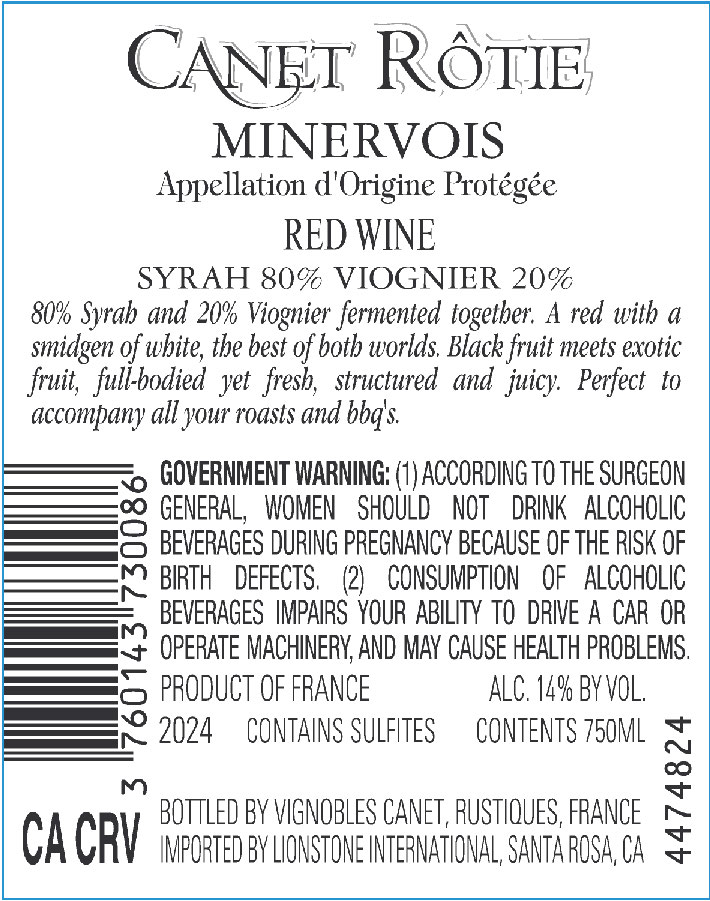 TABC label artwork for Canet Rotie Minervois Syrah, Viognier, France