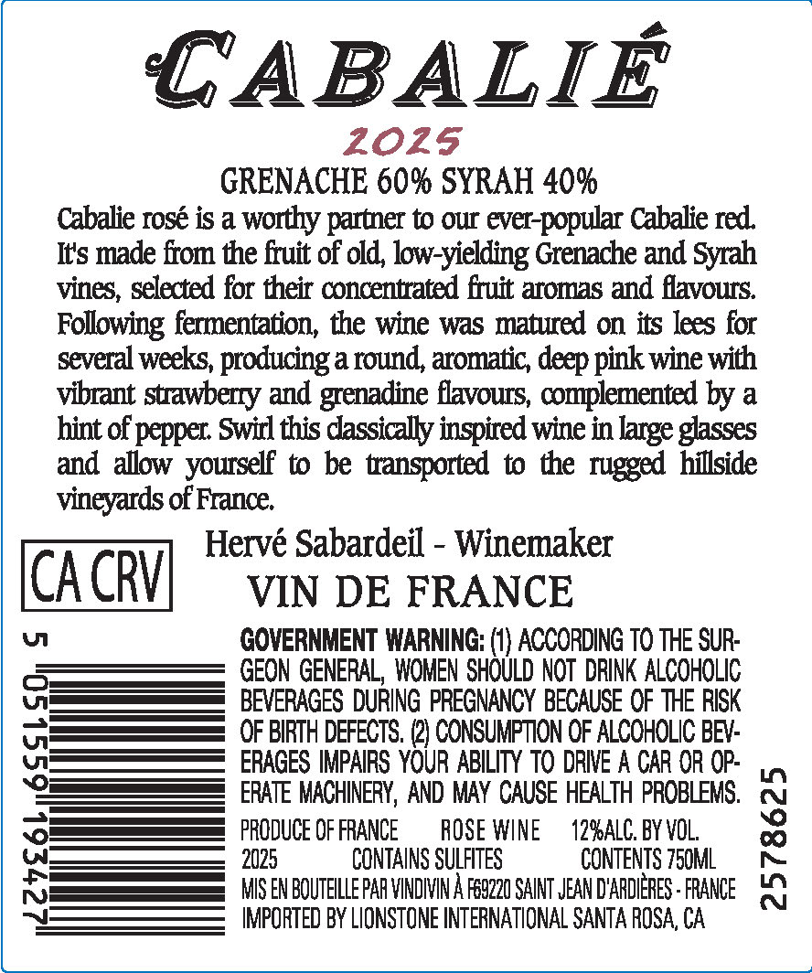 TABC label artwork for Cabalie Vin de France Grenache, Syrah Rose Wine, France