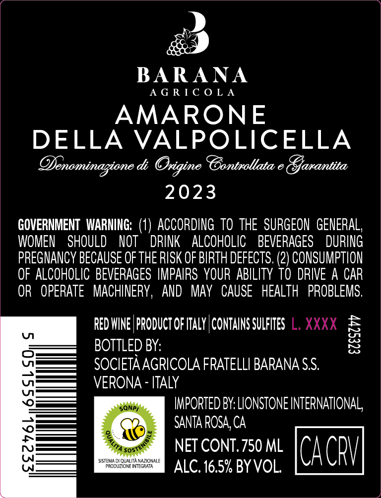 TABC label artwork for Barana Amarone della Valpolicella Red Wine, Italy