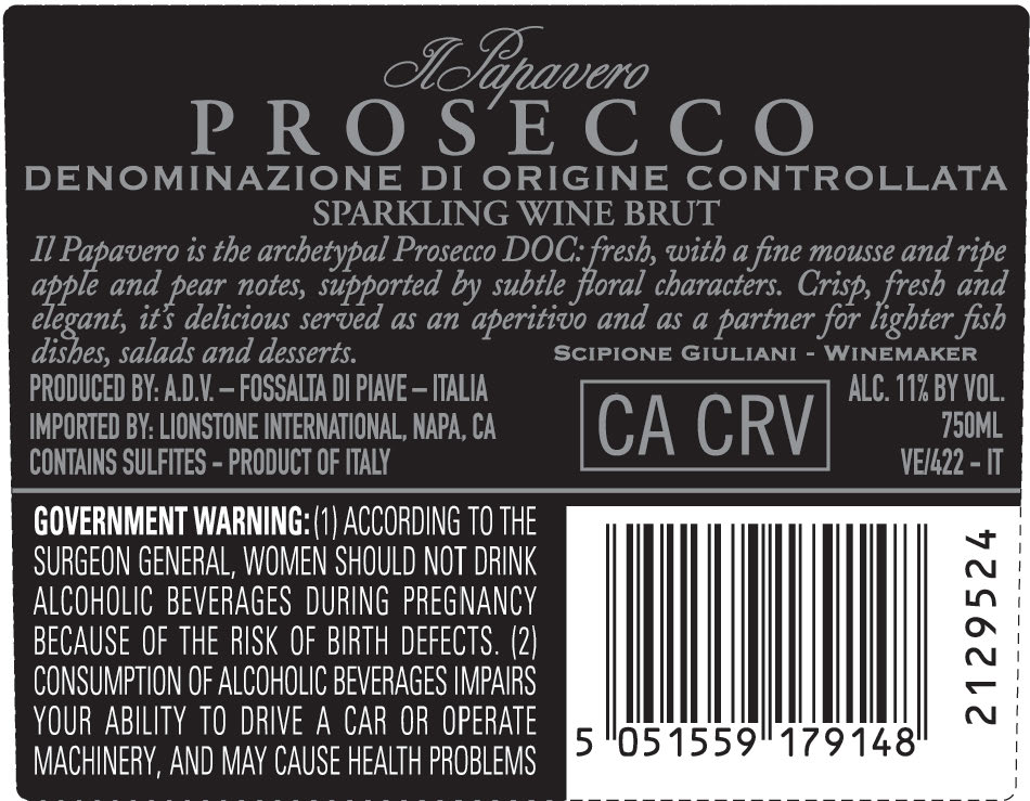 TABC label artwork for Il Papavero Prosecco Sparkling Wine Brut, Italy