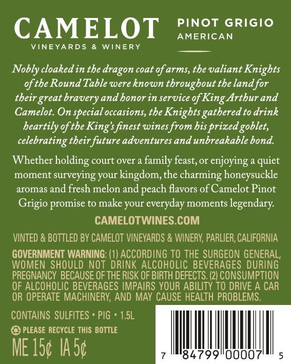 TABC label artwork for CAMELOT PINOT GRIGIO AMERICAN