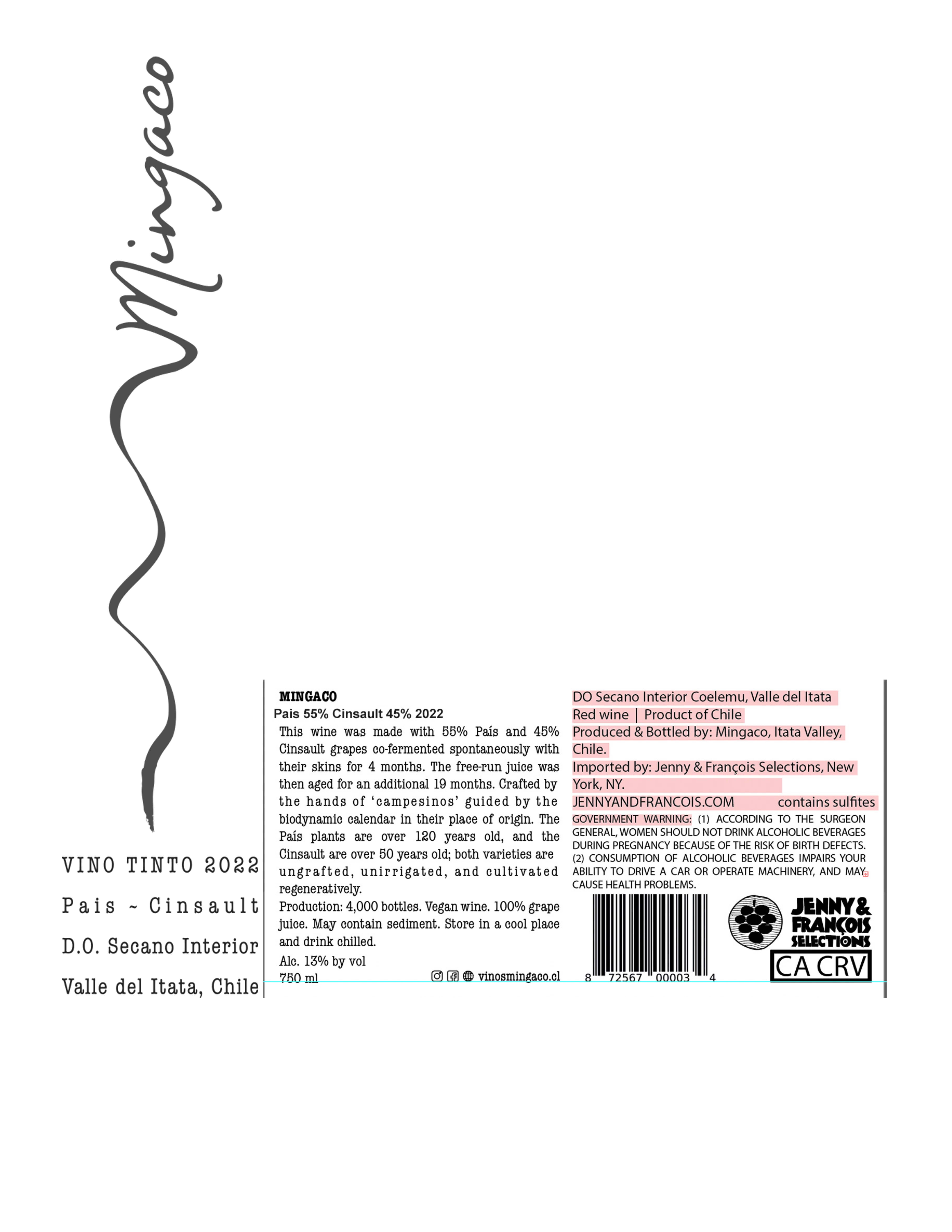 TABC label artwork for Mingaco, Pais - Cinsault