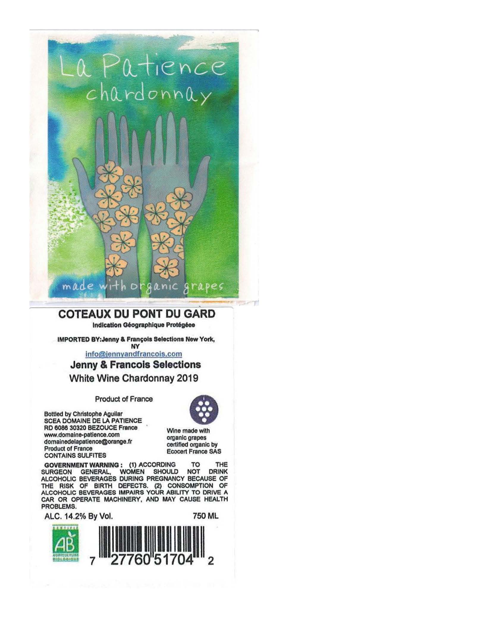 TABC label artwork for Domaine de la Patience, Chardonnay MOG