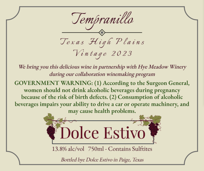 TABC label artwork for Dolce Estivo Tempranillo