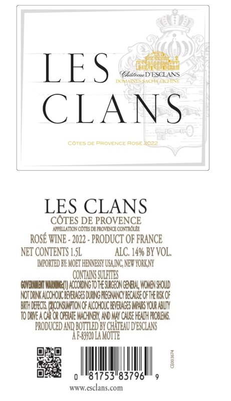 TABC label artwork for Les Clans CDP Rose
