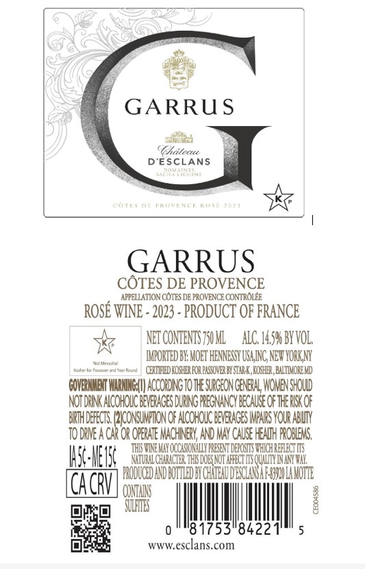 TABC label artwork for Garrus CDP Rose Kosher 2023 750ml