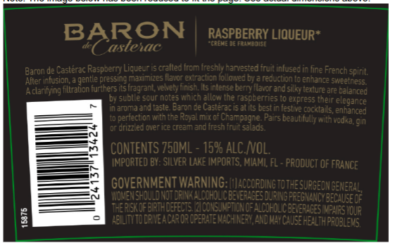 TABC label artwork for Baron De Casterac Raspberry Liqueur