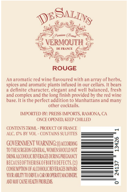 TABC label artwork for DeSalins Vermouth Rouge