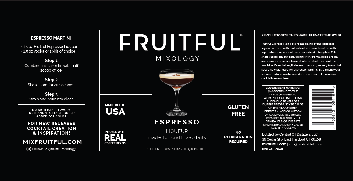 TABC label artwork for Fruitful Mixology Espresso Liqueur