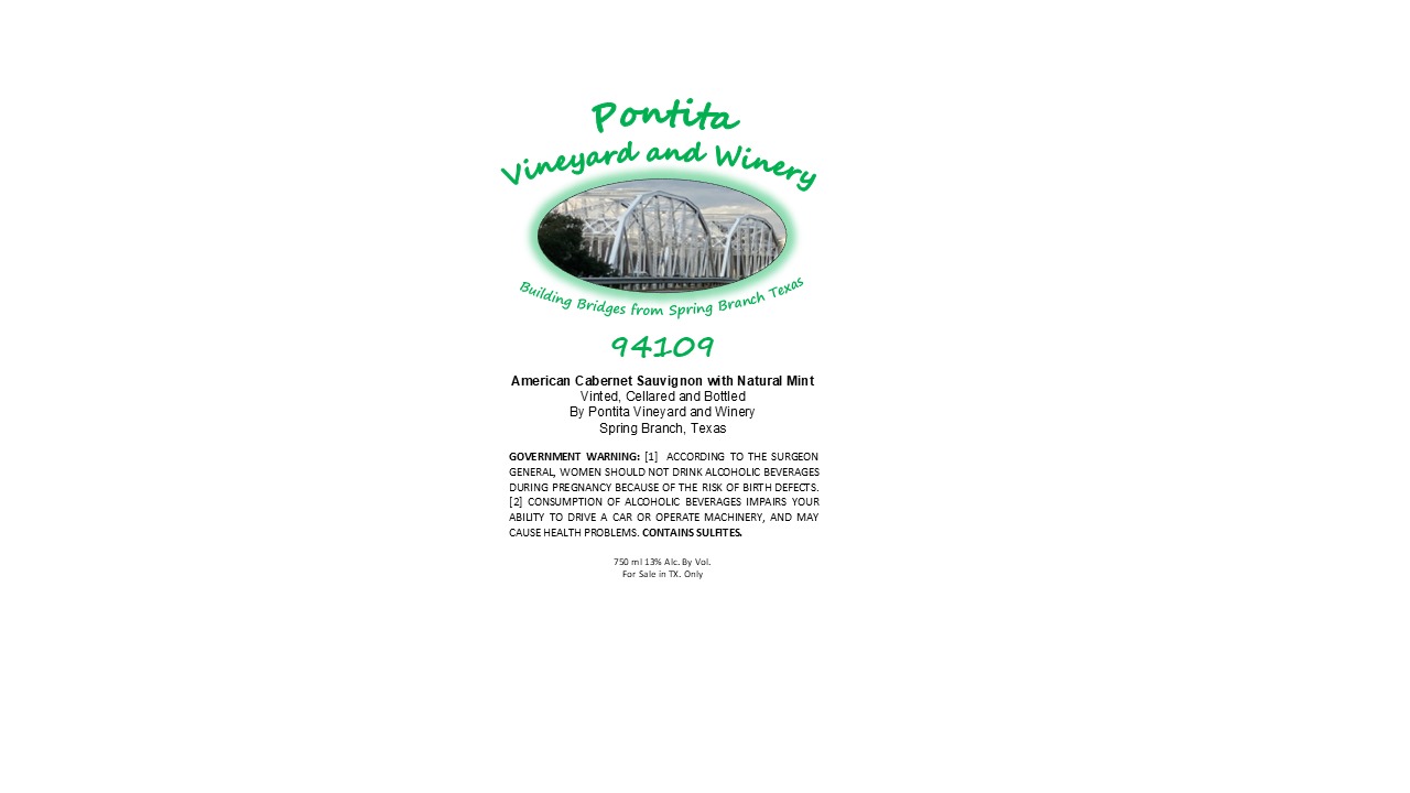 TABC label artwork for Pontita Vineyard and Winery 94109 Cabernet Sauvignon