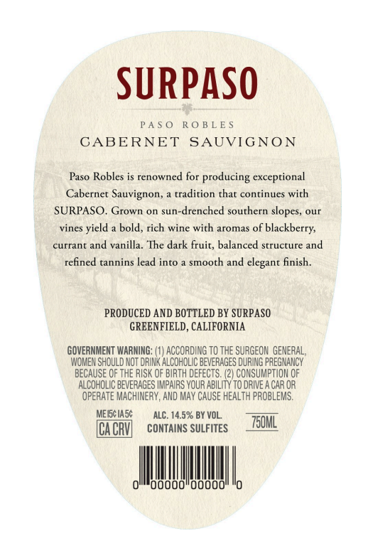 TABC label artwork for Surpaso Cabernet Sauvignon Paso Robles