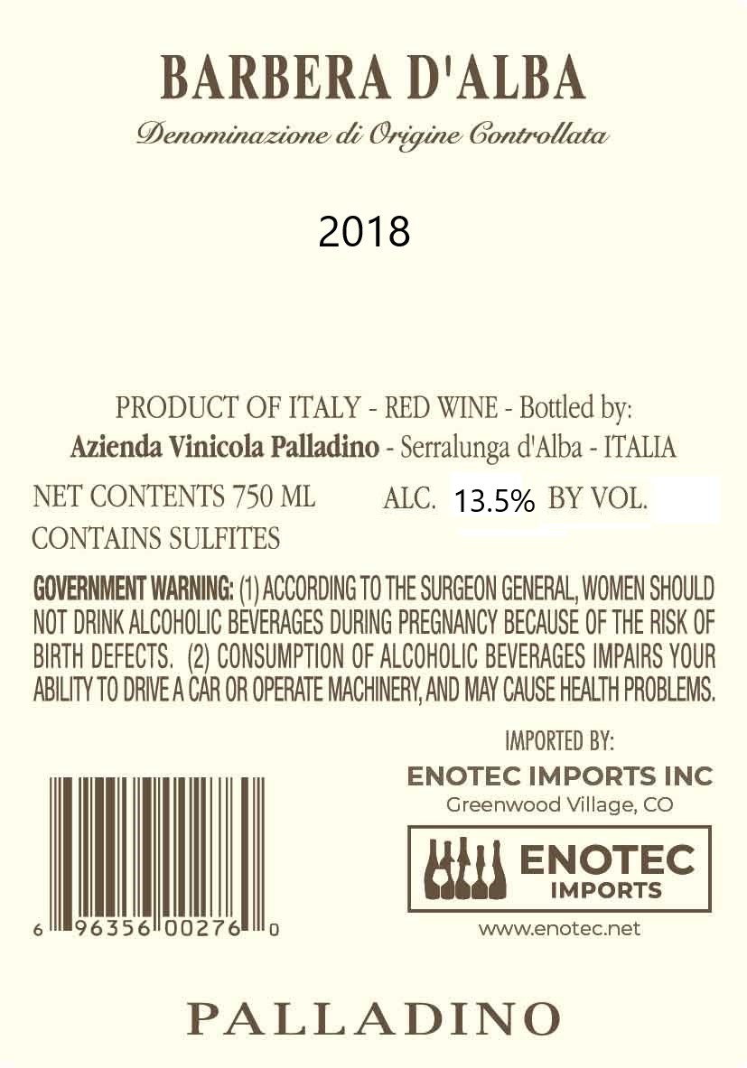 TABC label artwork for Palladino Barbera d'Alba