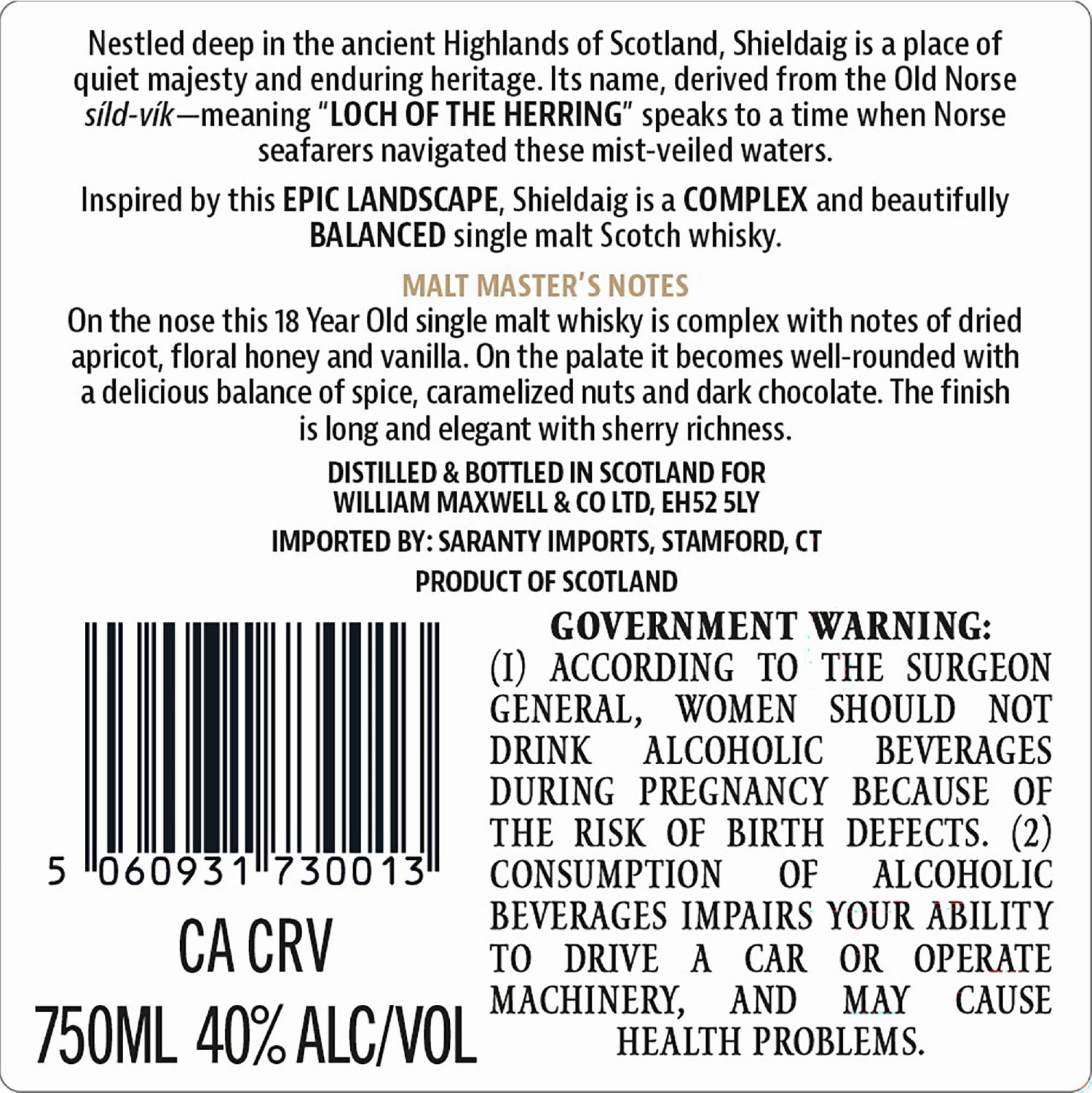 TABC label artwork for Shieldaig Speyside Sin Malt 18Yr
