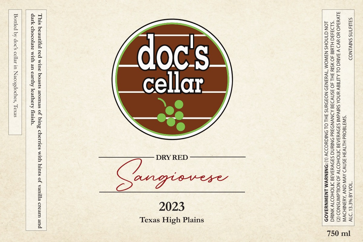 TABC label artwork for Doc's Cellar Sangiovese