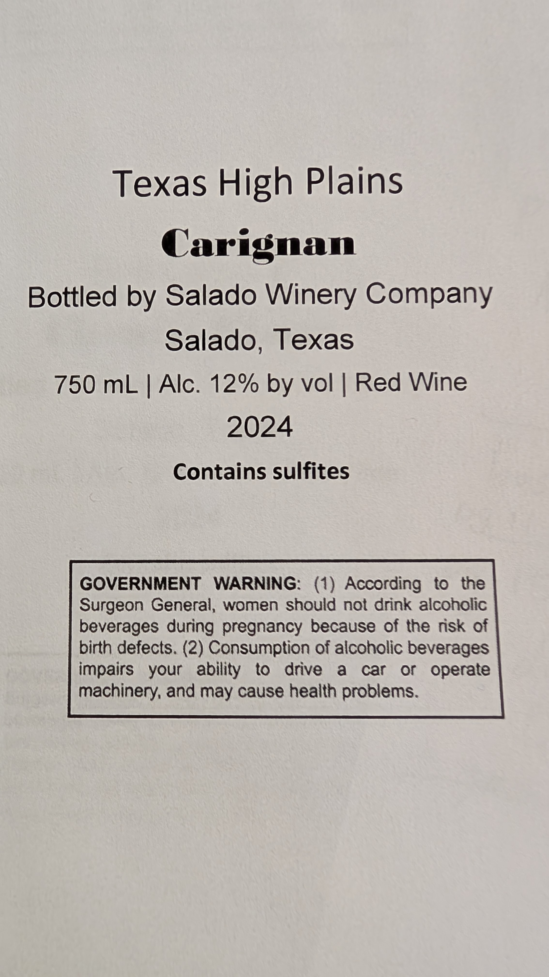 TABC label artwork for SALADO WINERY COMPANY CARIGNAN