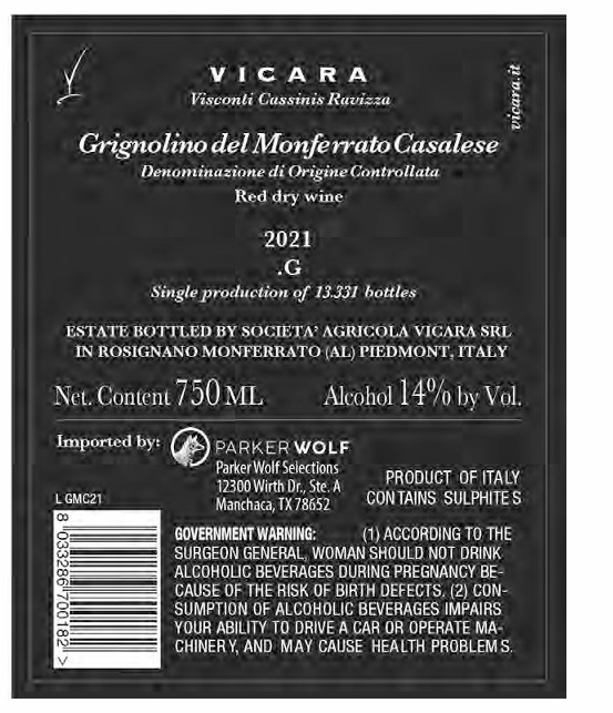 TABC label artwork for VICARA .G GRIGNOLINO DEL MONFERRATO CASALESE