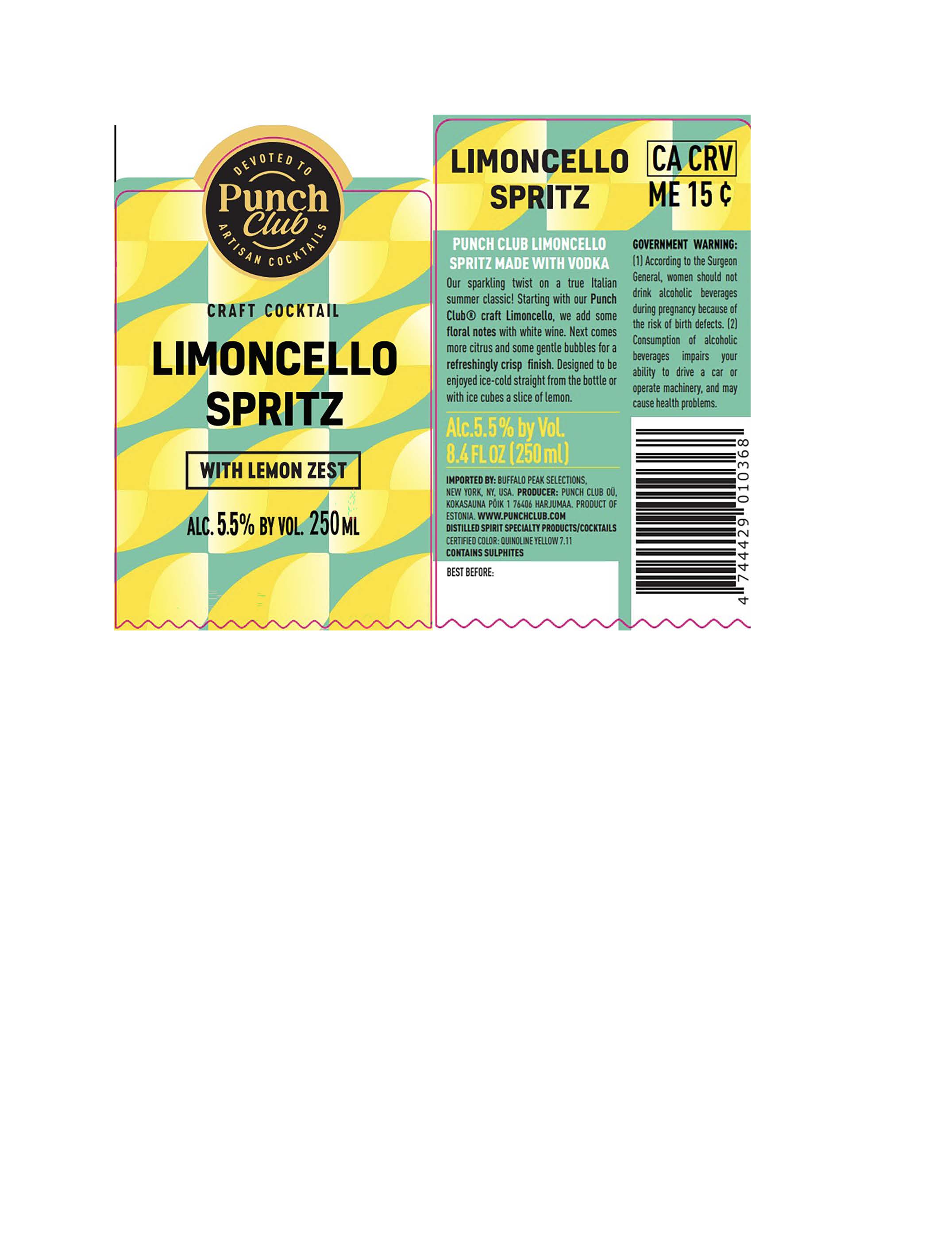 TABC label artwork for Punch Club Limoncello Spritz