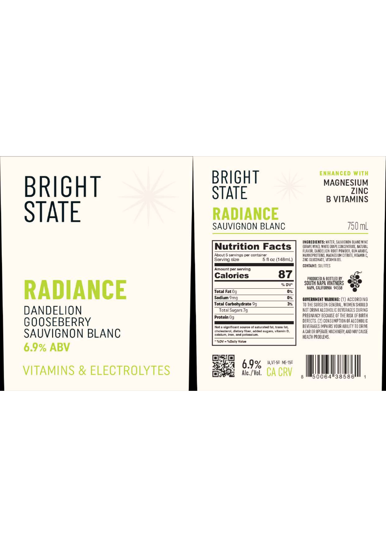 TABC label artwork for Bright State Low-Alc "Radiance" Sauvignon Blanc