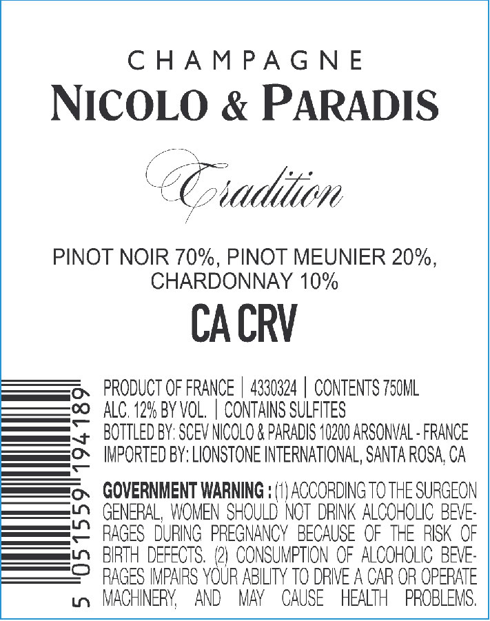 TABC label artwork for Nicolo & Paradis Tradition Champagne Pinot Noir, Pinot Meunier, Chardonnay, France